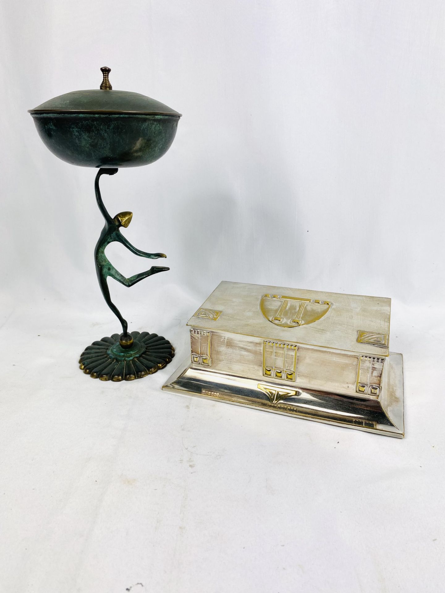 Silver plate cigarette box together with an art deco style figurine