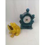 Raku pottery mantel quartz clock, by Ian Roberts; together with Wardle pottery toad spoon warmer