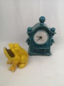 Raku pottery mantel quartz clock, by Ian Roberts; together with Wardle pottery toad spoon warmer
