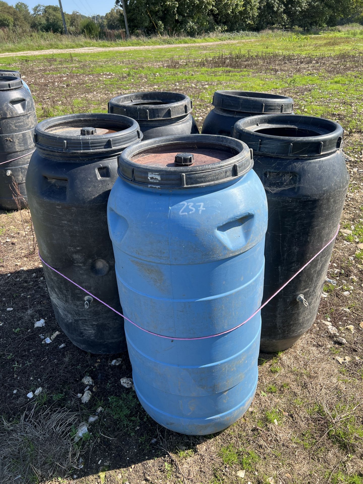 5 plastic 40 gallon drums with nipple drinkers