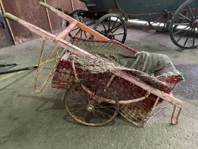 GPO HAND CART wicker body on wire wheels, for restoration.