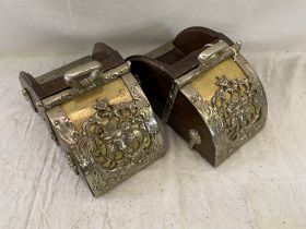 Pair of brass stirrups with swivel treads; pair of cage stirrups; and a pair of box stirrups