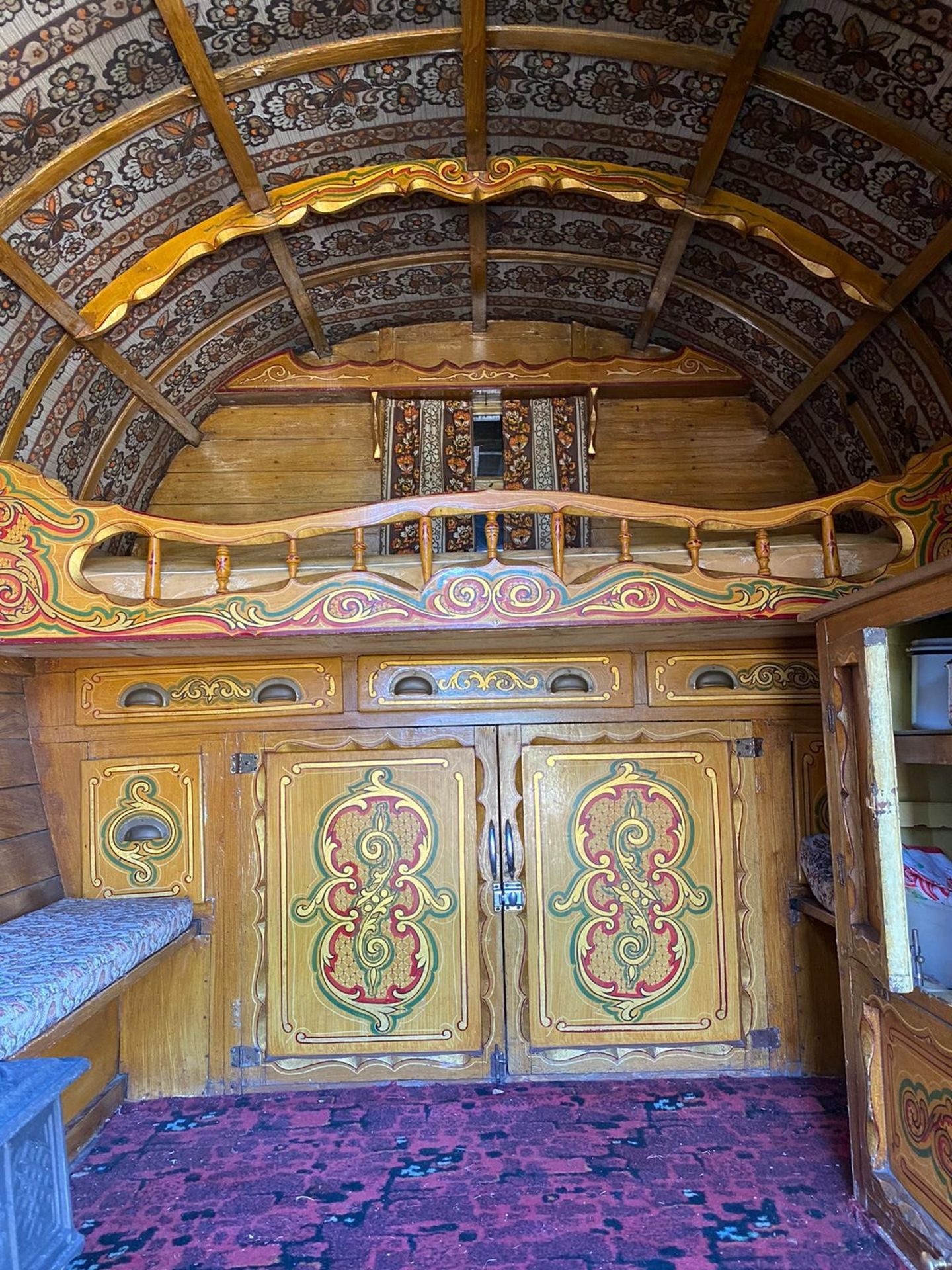 BOW TOP WAGON the dray axles understood to be dated 1904. The exterior has a varnished gold coloured - Image 7 of 12