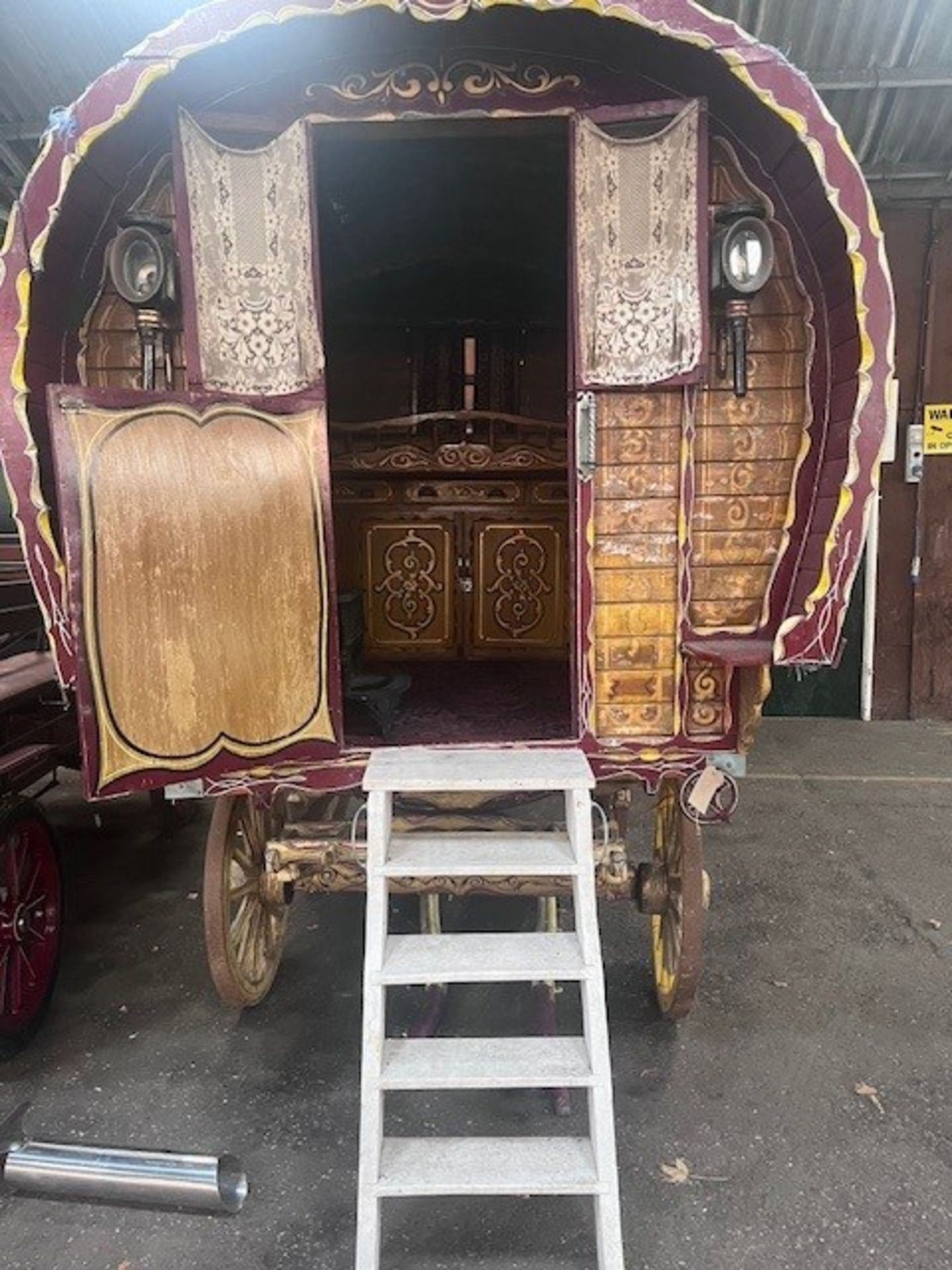 BOW TOP WAGON the dray axles understood to be dated 1904. The exterior has a varnished gold coloured - Image 3 of 12