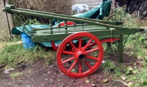 COSTERMONGER'S HAND CART the slatted body with sloping sides painted green, on red wheels