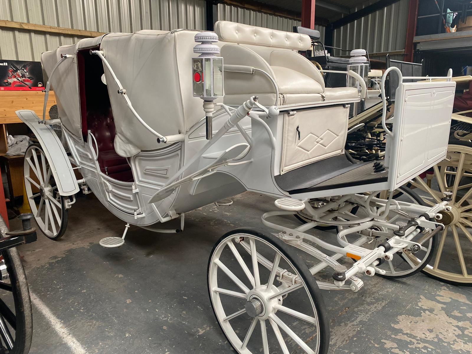 LANDAU built in Poland to suit 14.2hh pair. Painted white with black lining, white hoods, and red