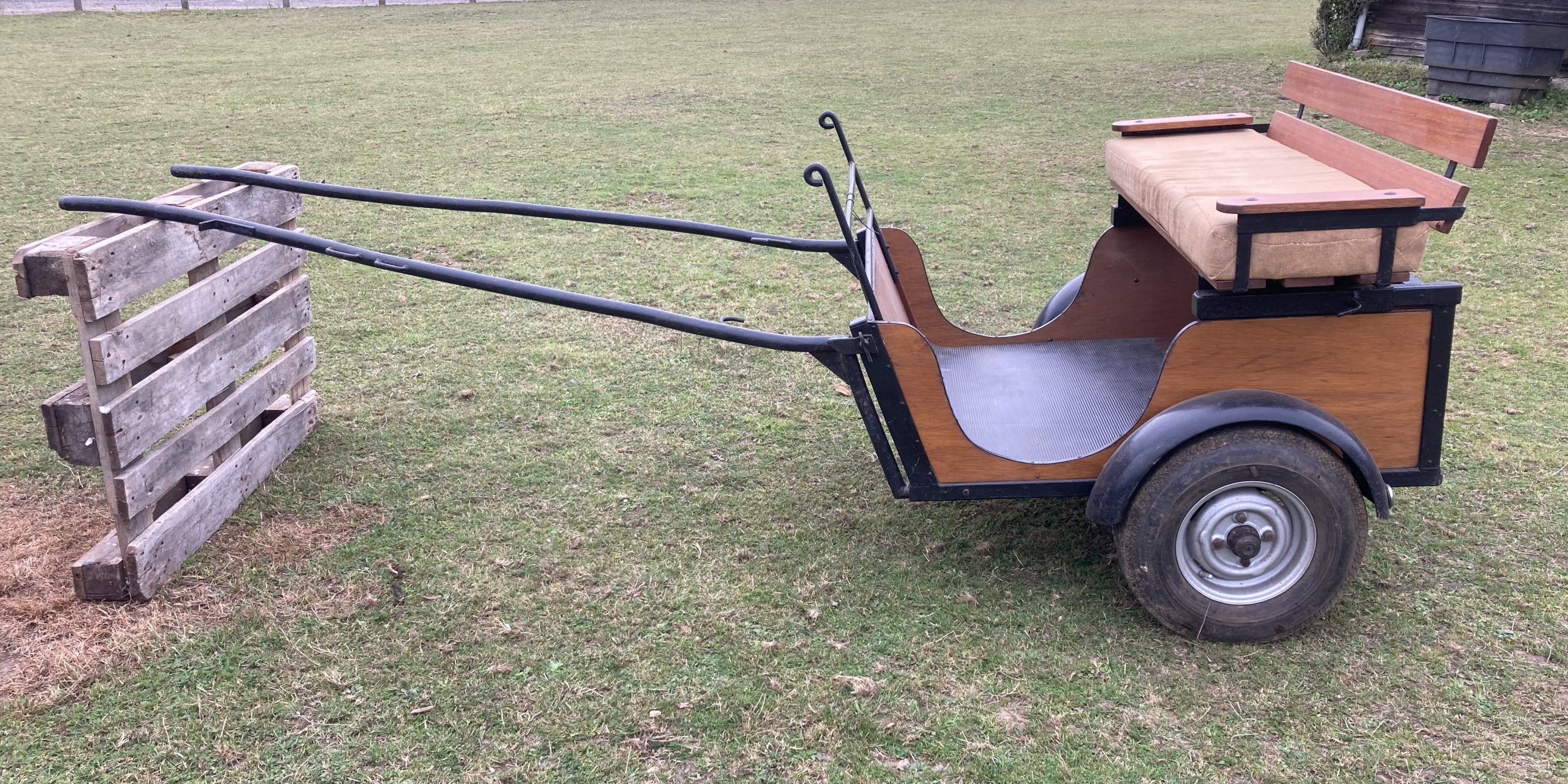 TWO WHEEL EXERCISE CART to suit 13hh. In varnished wood with black painted frame on car type