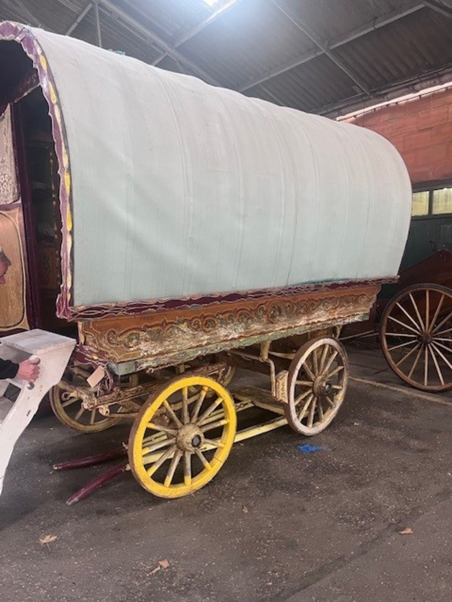 BOW TOP WAGON the dray axles understood to be dated 1904. The exterior has a varnished gold coloured