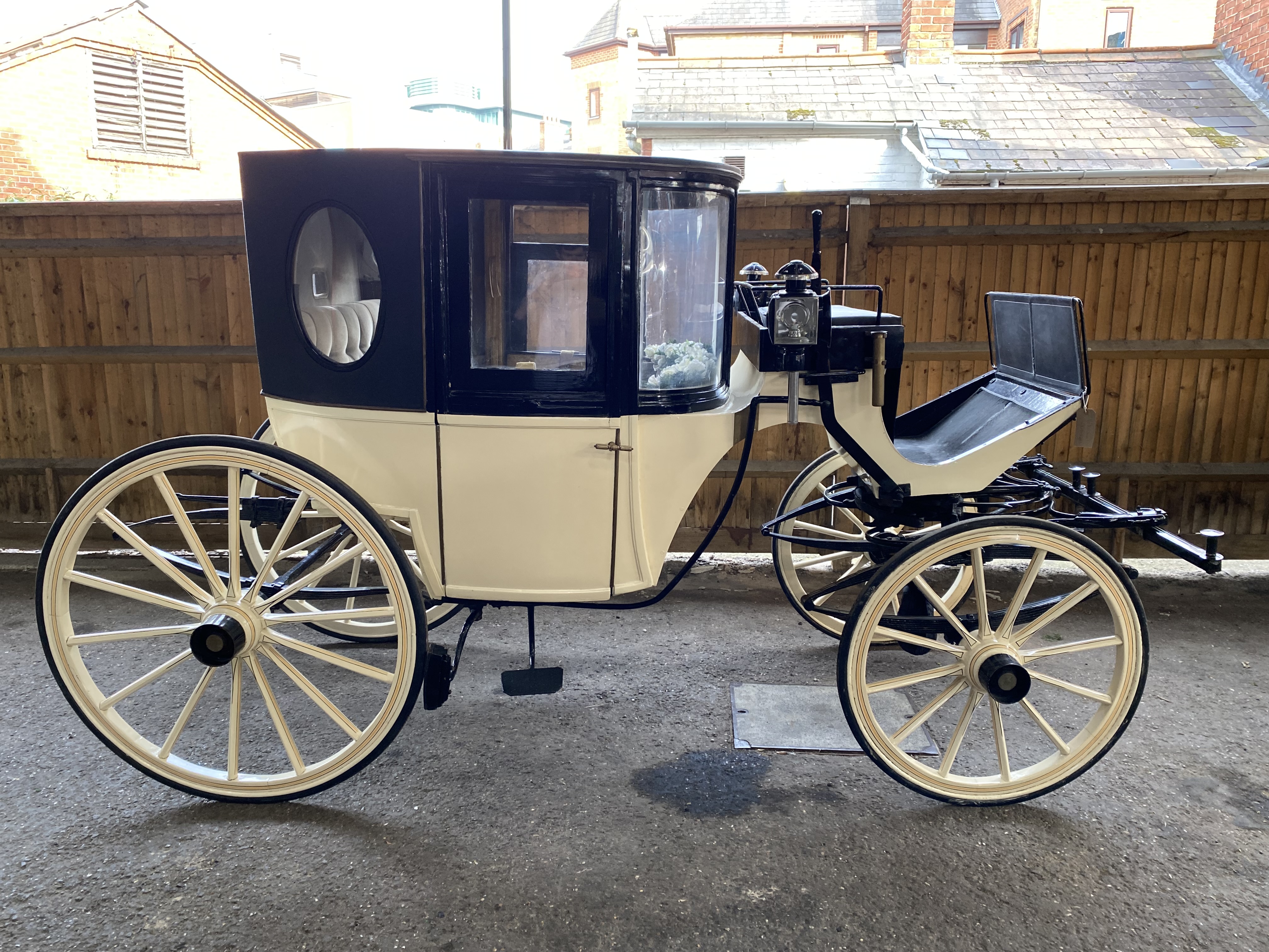 BOW FRONTED BROUGHAM built in France circa 1890. Finished in cream with beige and black lining. On