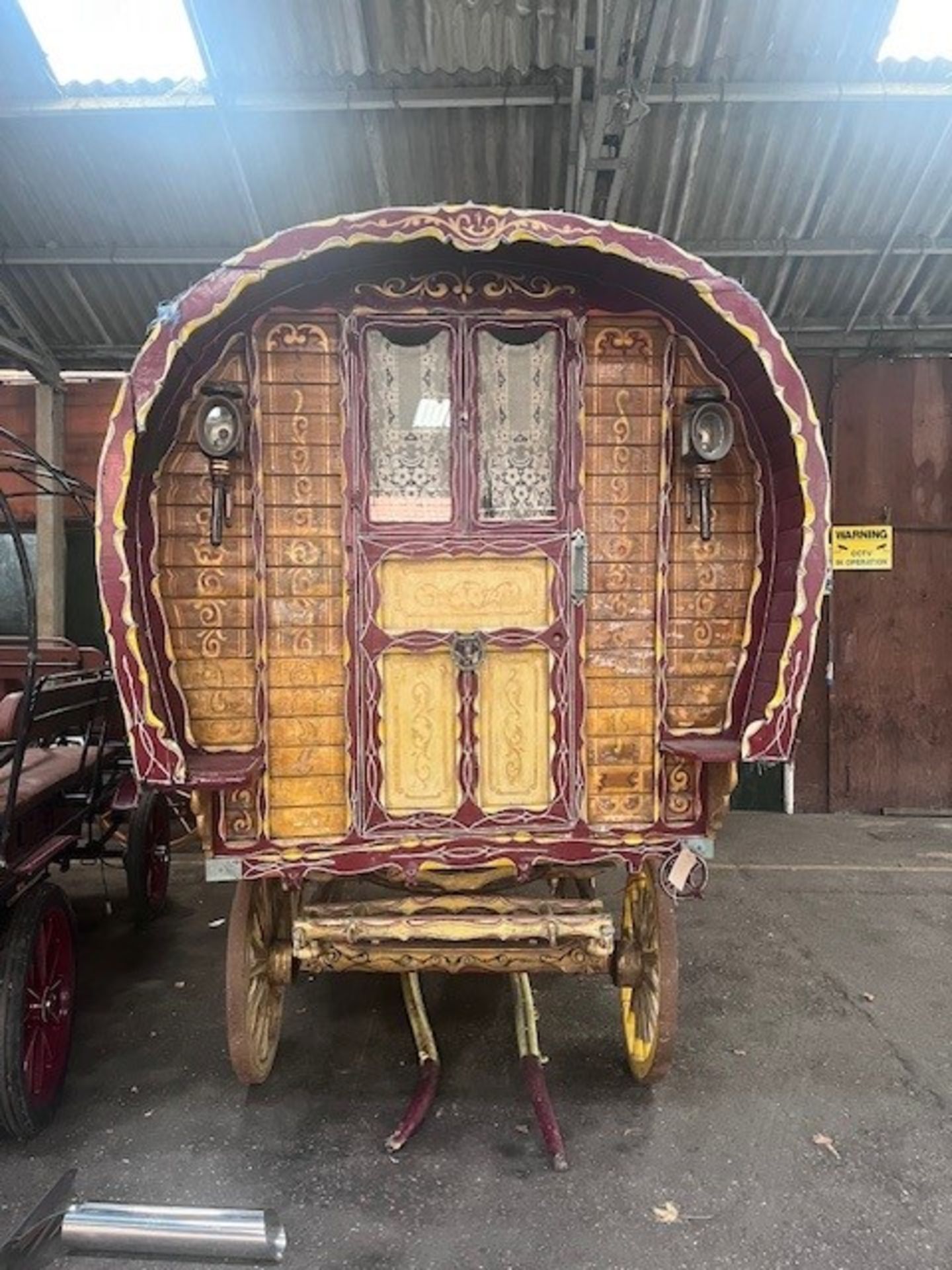 BOW TOP WAGON the dray axles understood to be dated 1904. The exterior has a varnished gold coloured - Image 2 of 12