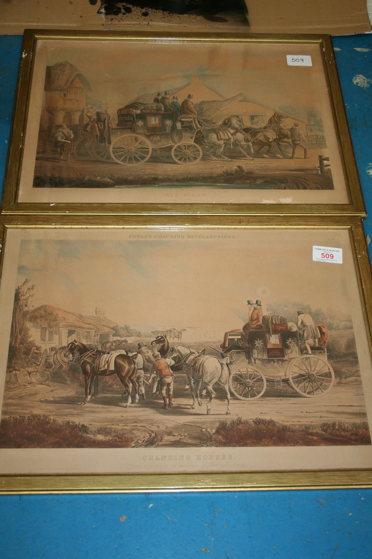 Two large coaching prints by Cooper Henderson: 'Changing Horses' and 'Pulling up to unskid'