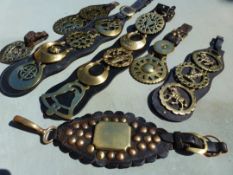 Thirteen martingales and other straps with brasses