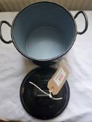 2 small enamel cooking pots with lids.