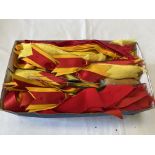 Box of yellow and red show ribbon, unused with a threader, together with 29 assorted horse brasses i