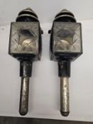 Pair of square fronted carriage lamps with cut glasses.