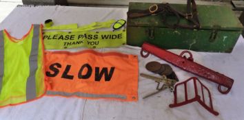 Wooden cartridge box containing 2 fluorescent carriage signs and new fluorescent vest.