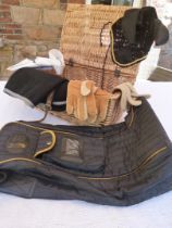 Wicker spares basket containing 2 pairs of ladies' cotton driving gloves (one with pig skin palms)