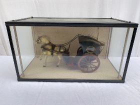 Model of a Hansom cab and horse in a glass cabinet. Cabinet size approx 62.5 x 30 x 34cm