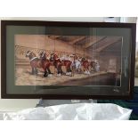 Framed and glazed painting of six Shire horses in a stable, signed H.W Standing, 1901.