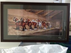 Framed and glazed painting of six Shire horses in a stable, signed H.W Standing, 1901.