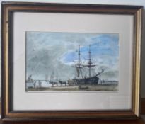 Watercolour by Chris Natkiss featuring a tandem dray unloading a ship. 11" x 9"