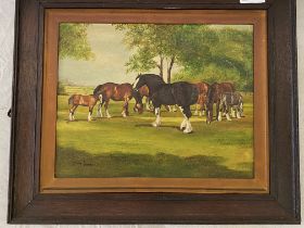 Framed oil on board of Shire horses by the late Yvonne Garner
