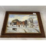 Framed and glazed oil of a trio of horses pulling a cart by the late Yvonne Garner