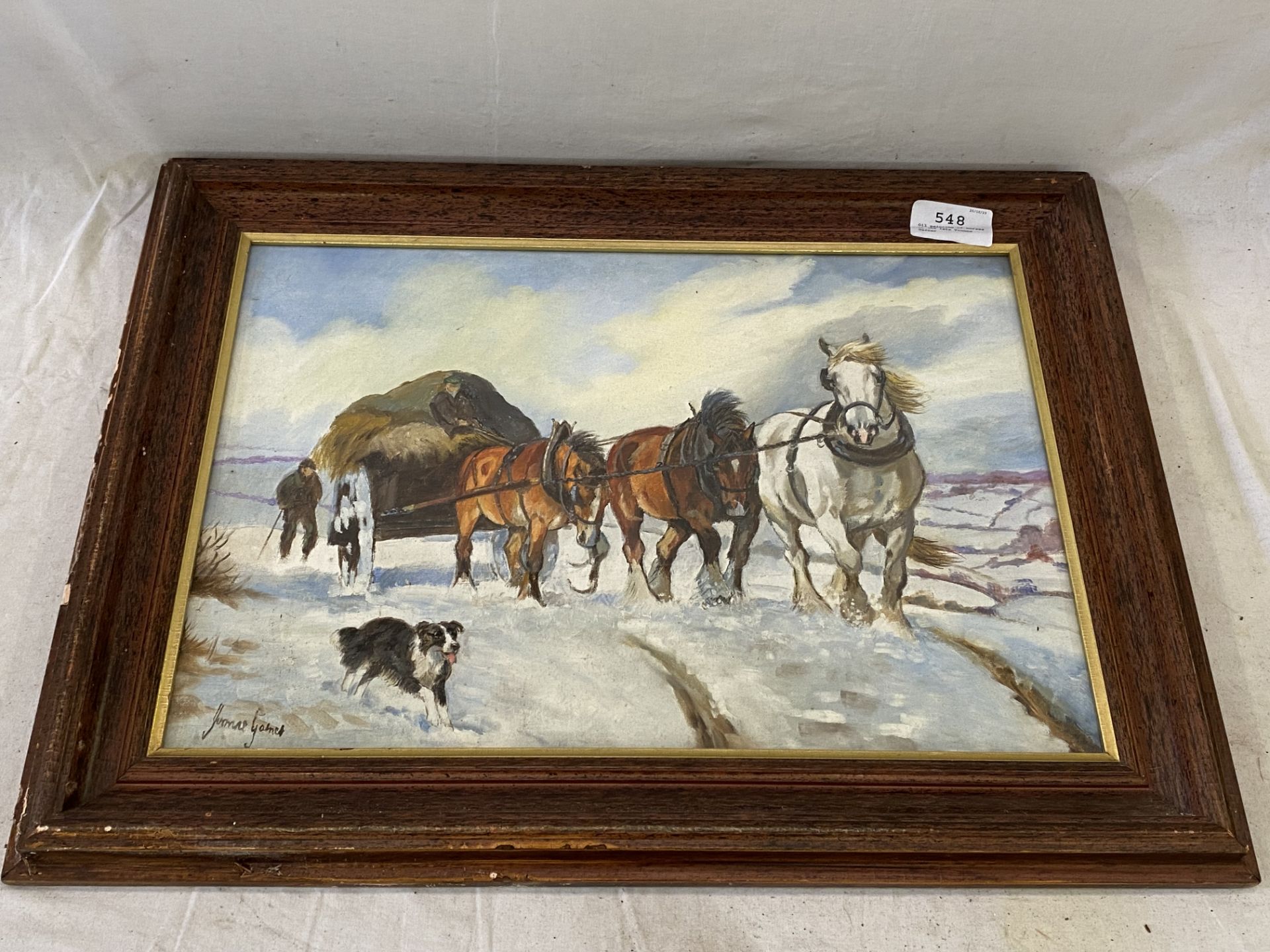 Framed and glazed oil of a trio of horses pulling a cart by the late Yvonne Garner