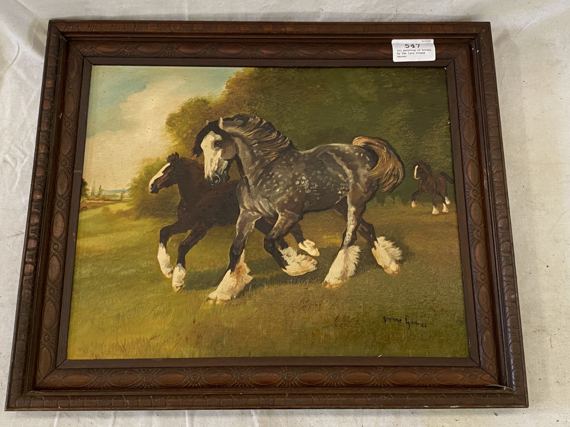 Framed oil on board of Shire horses by the late Yvonne Garner