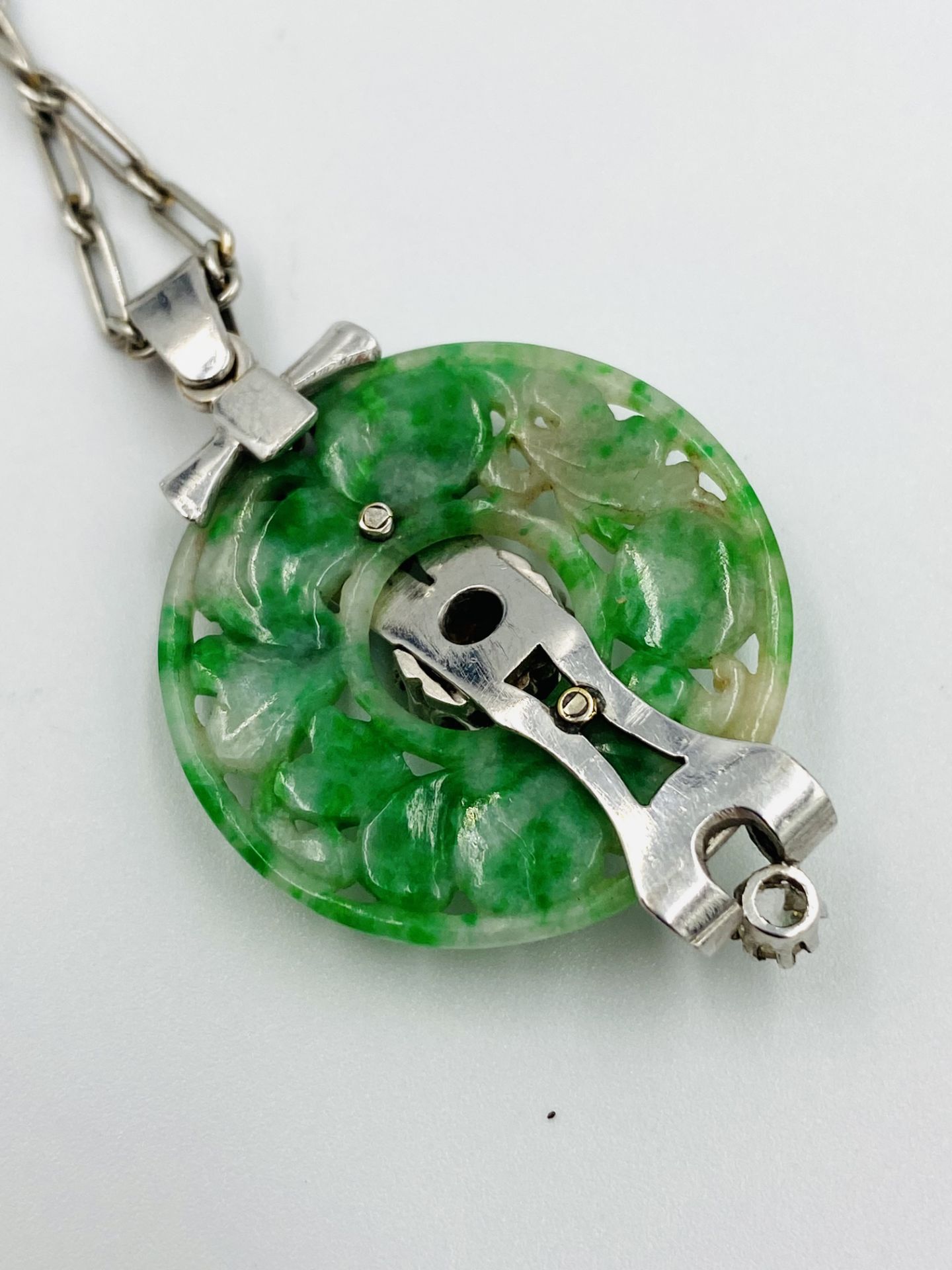 1930's jade and diamond pendant on platinum chain - Image 4 of 6