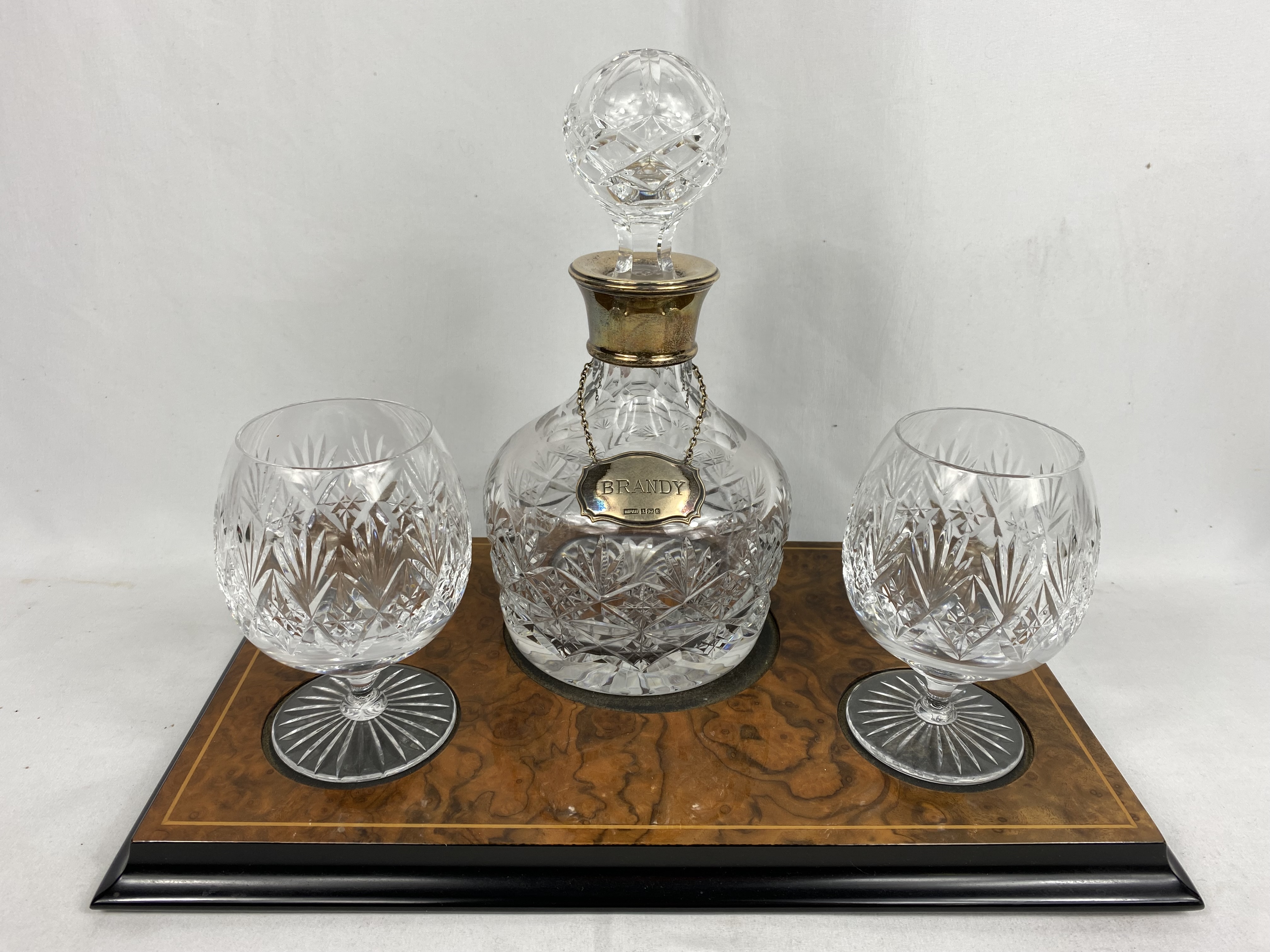 Contemporary cut glass brandy decanter and glass set, together with a decanter with a silver collar - Image 3 of 5