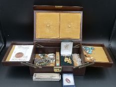 Quantity of costume and silver jewellery in leather jewellery box