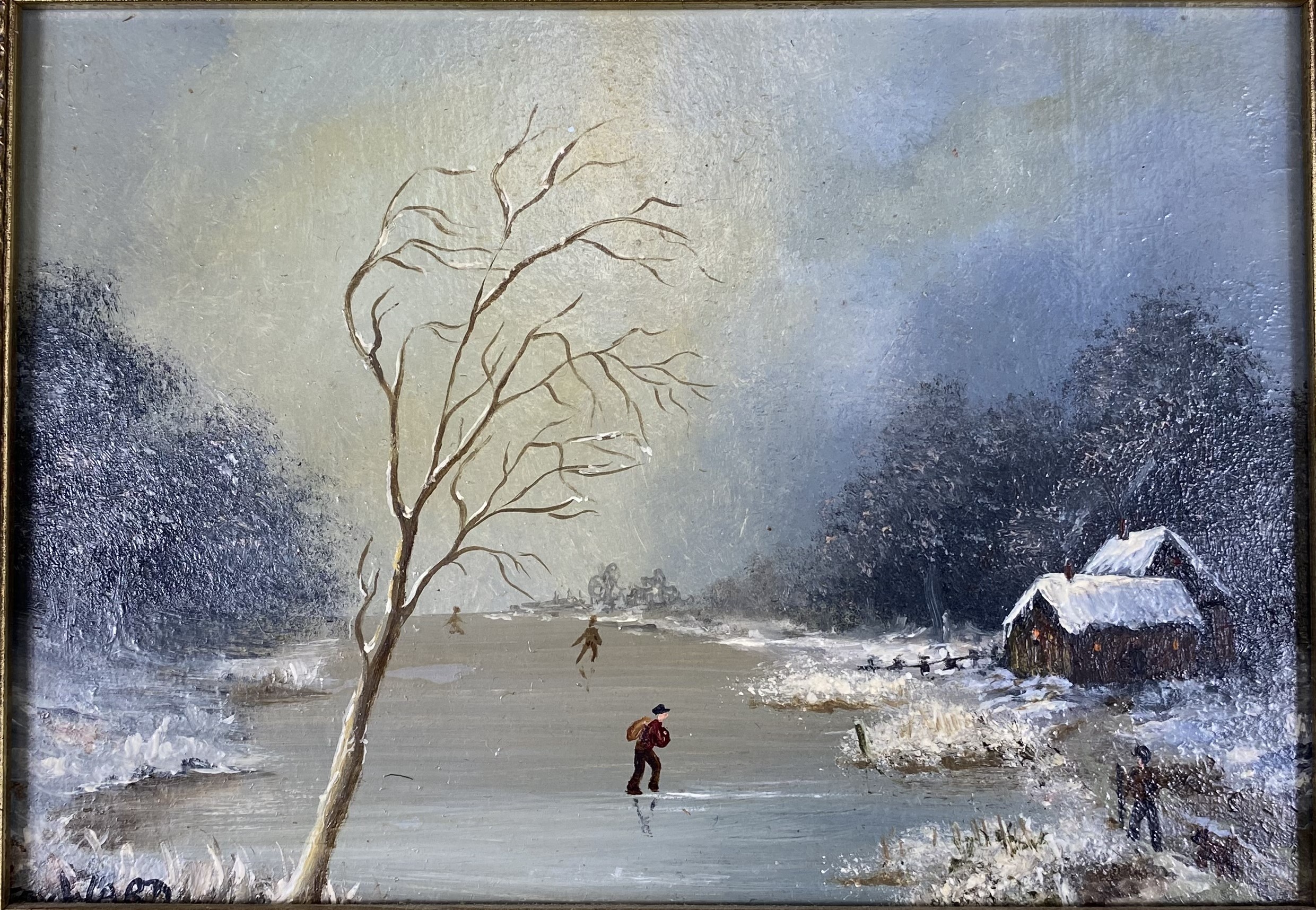 Two gilt framed oil on boards of winter scenes - Image 4 of 5