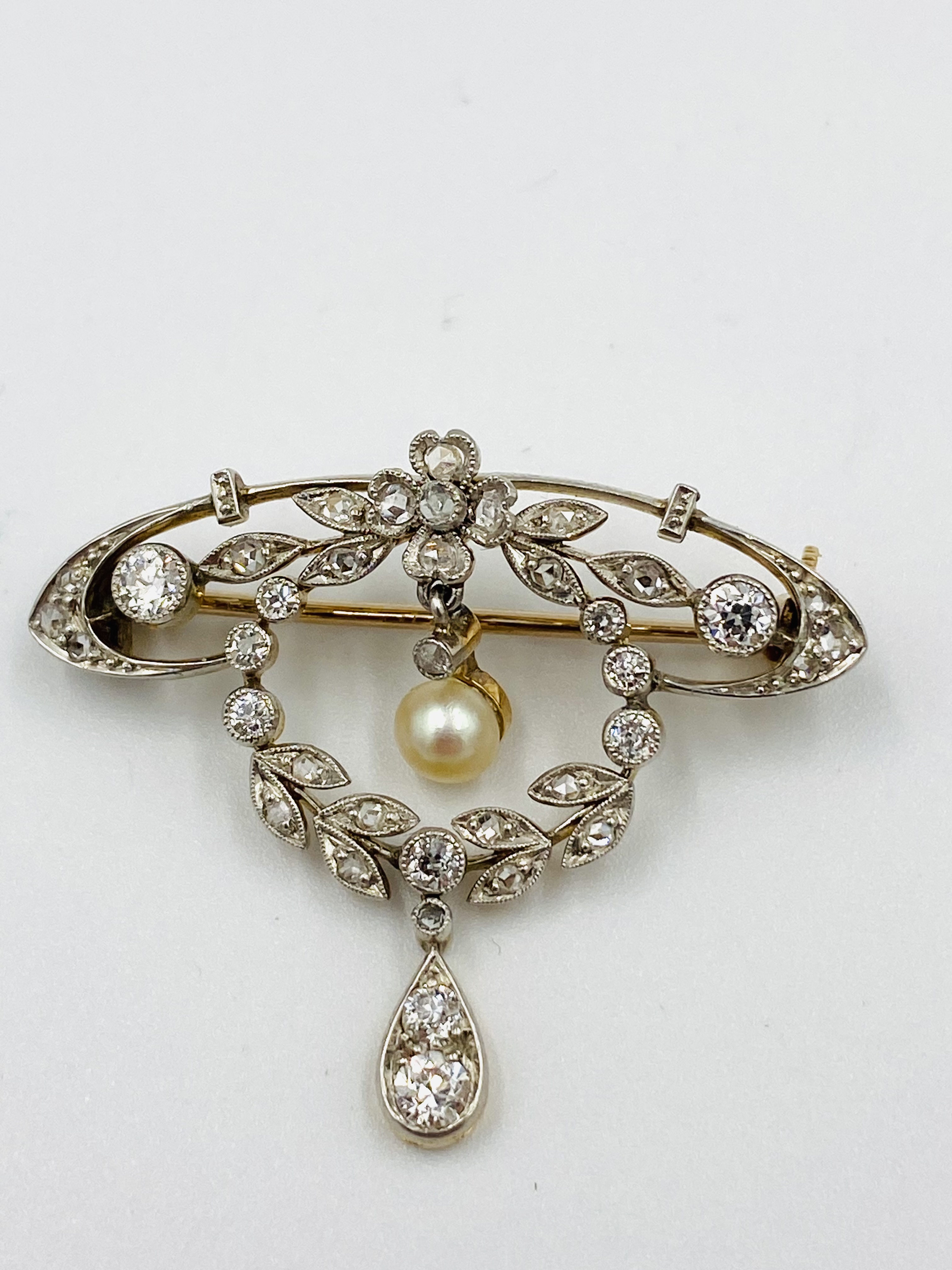 Early 20th century diamond brooch with pearl drop - Image 2 of 4