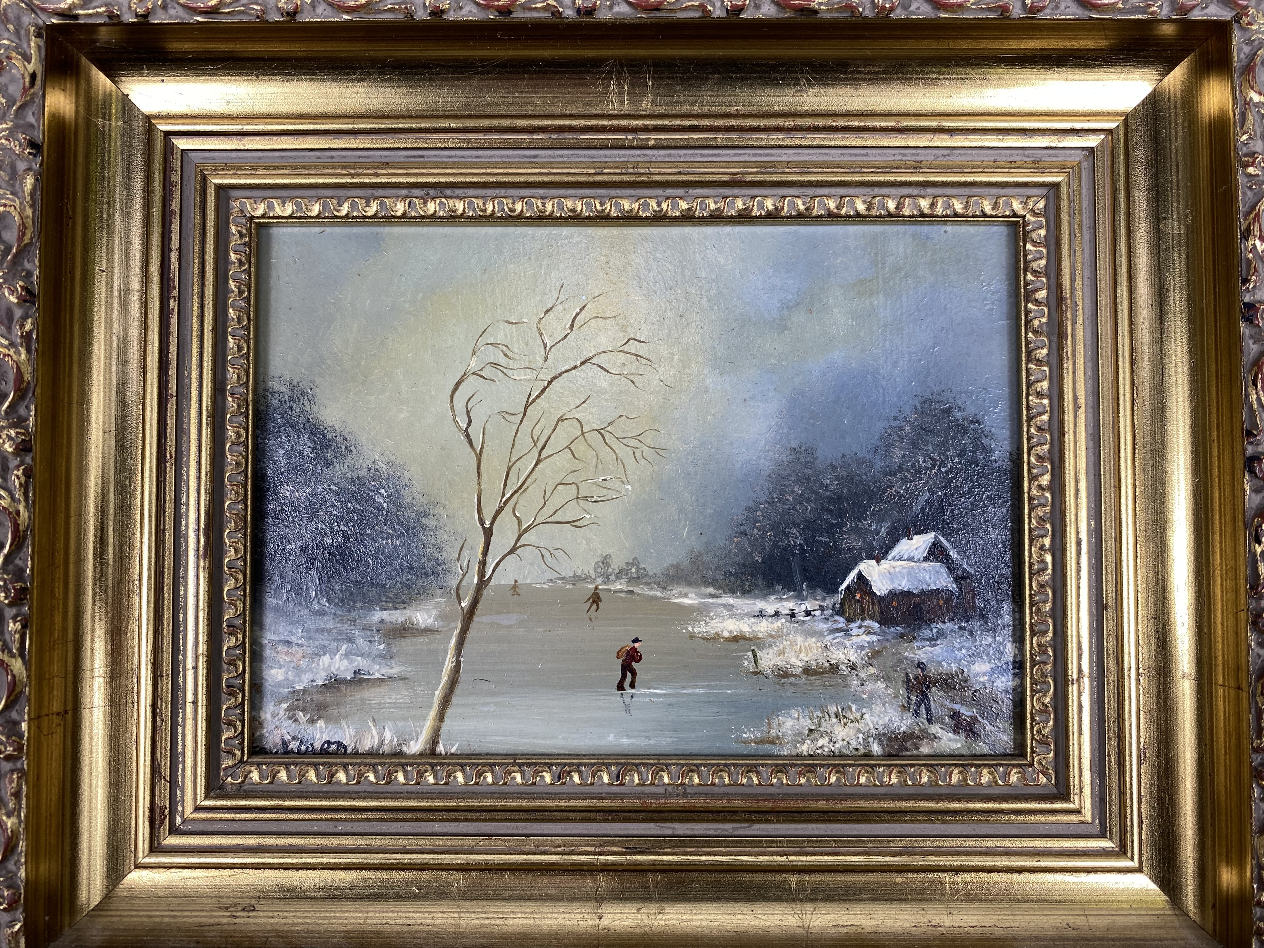 Two gilt framed oil on boards of winter scenes - Image 3 of 5