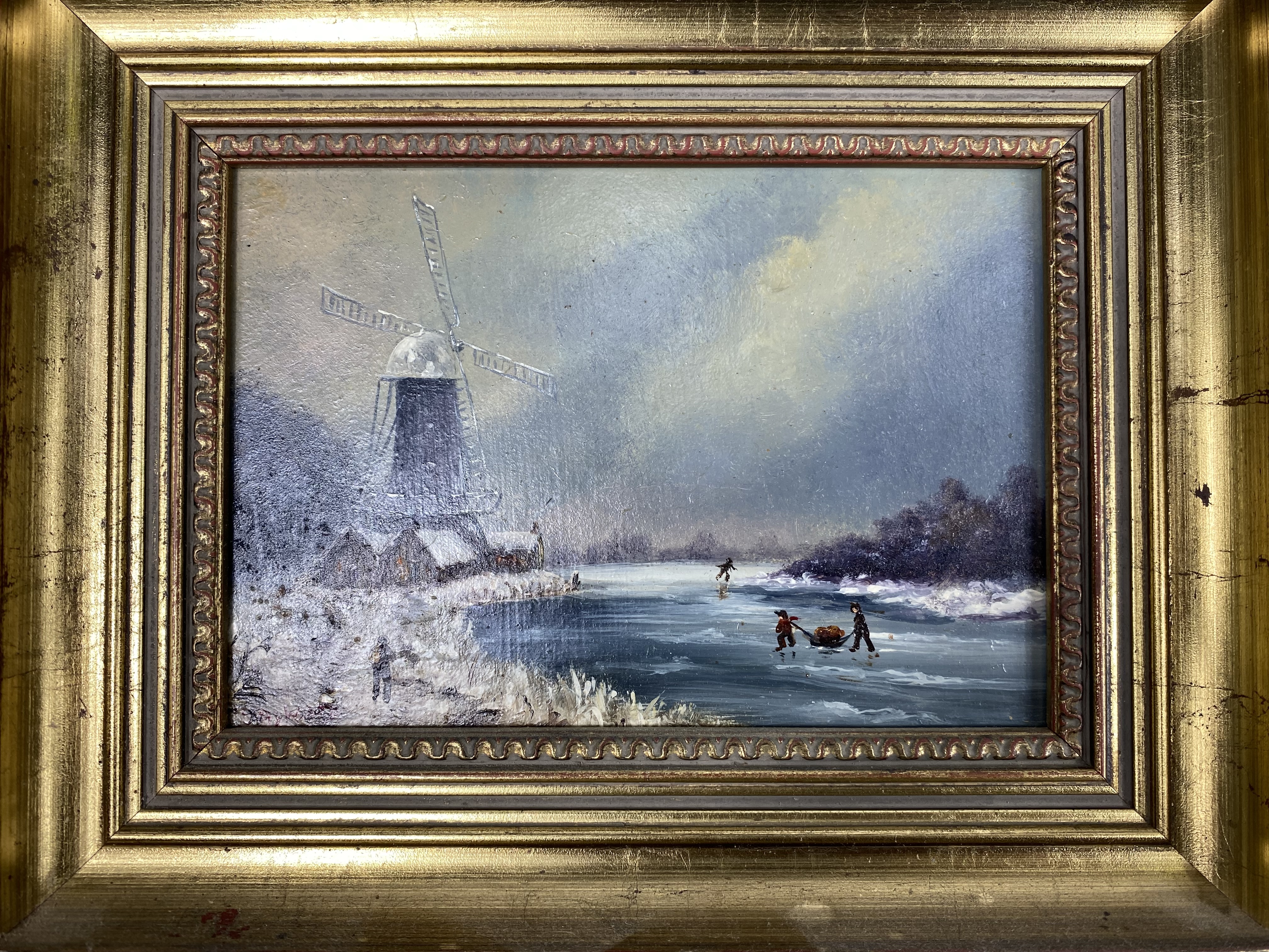 Two gilt framed oil on boards of winter scenes - Image 2 of 5