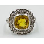 18ct white gold, yellow sapphire and diamond ring
