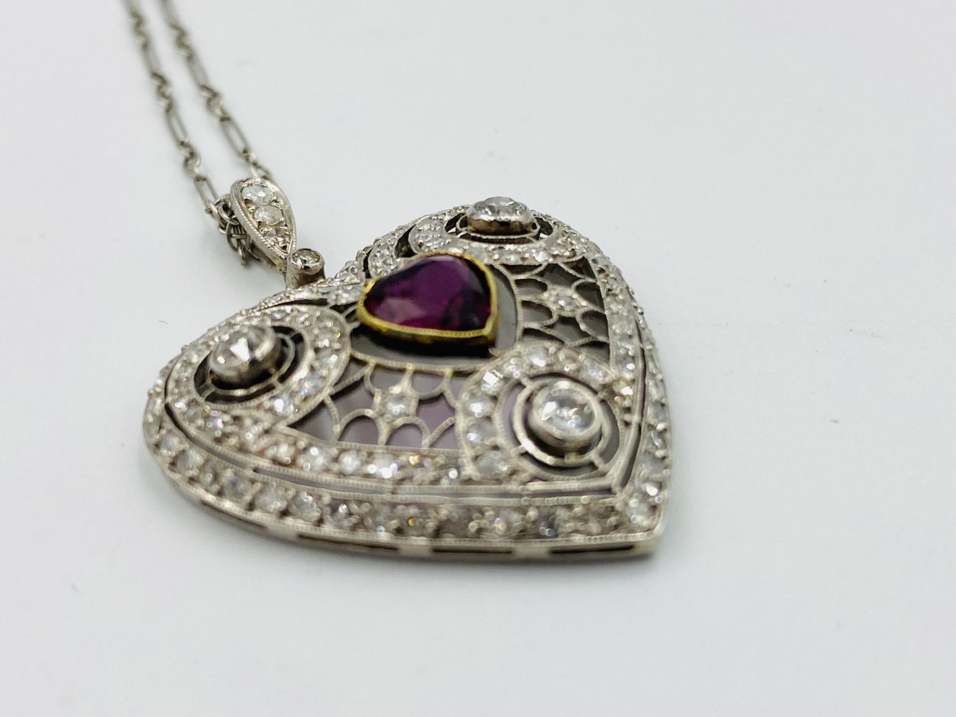 1920's ruby and diamond heart shaped pendant on chain - Image 4 of 4