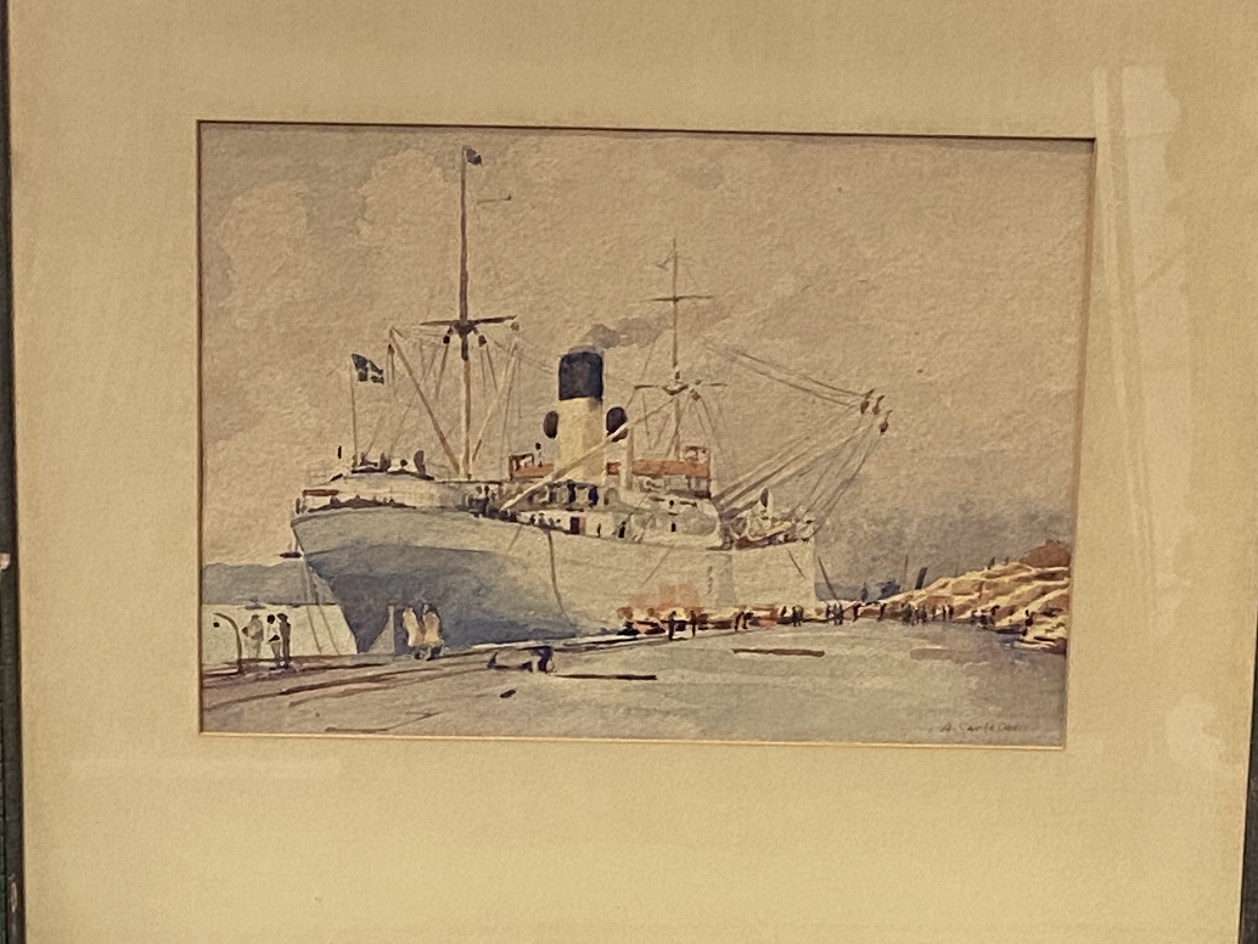 Framed and glazed watercolour of a ship in a dock, signed A Saville Davis - Image 4 of 4