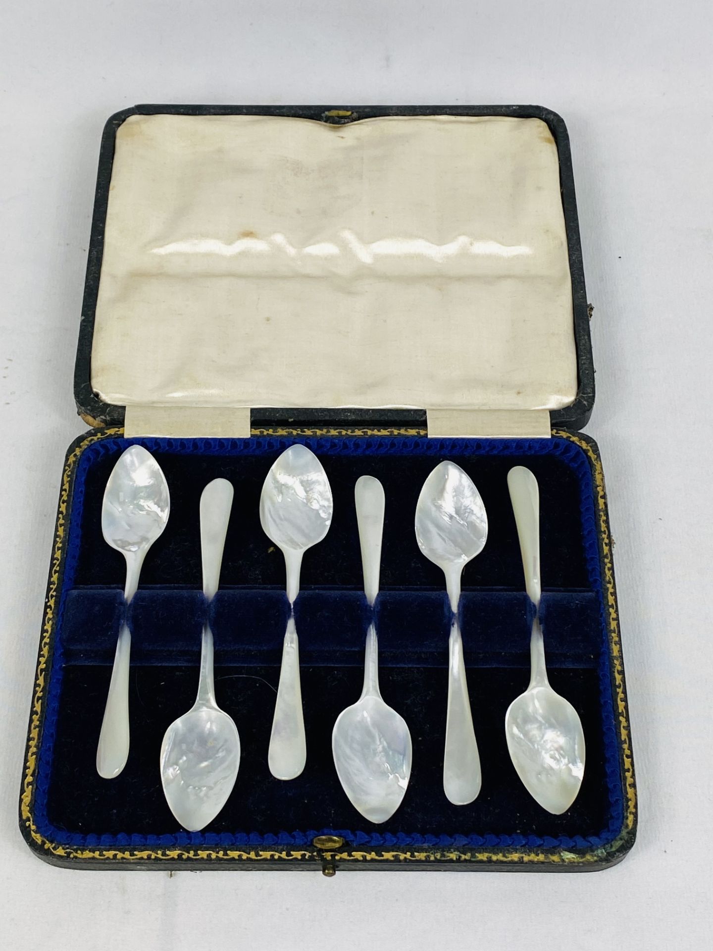 Boxed set of six mother of pearl tea spoons