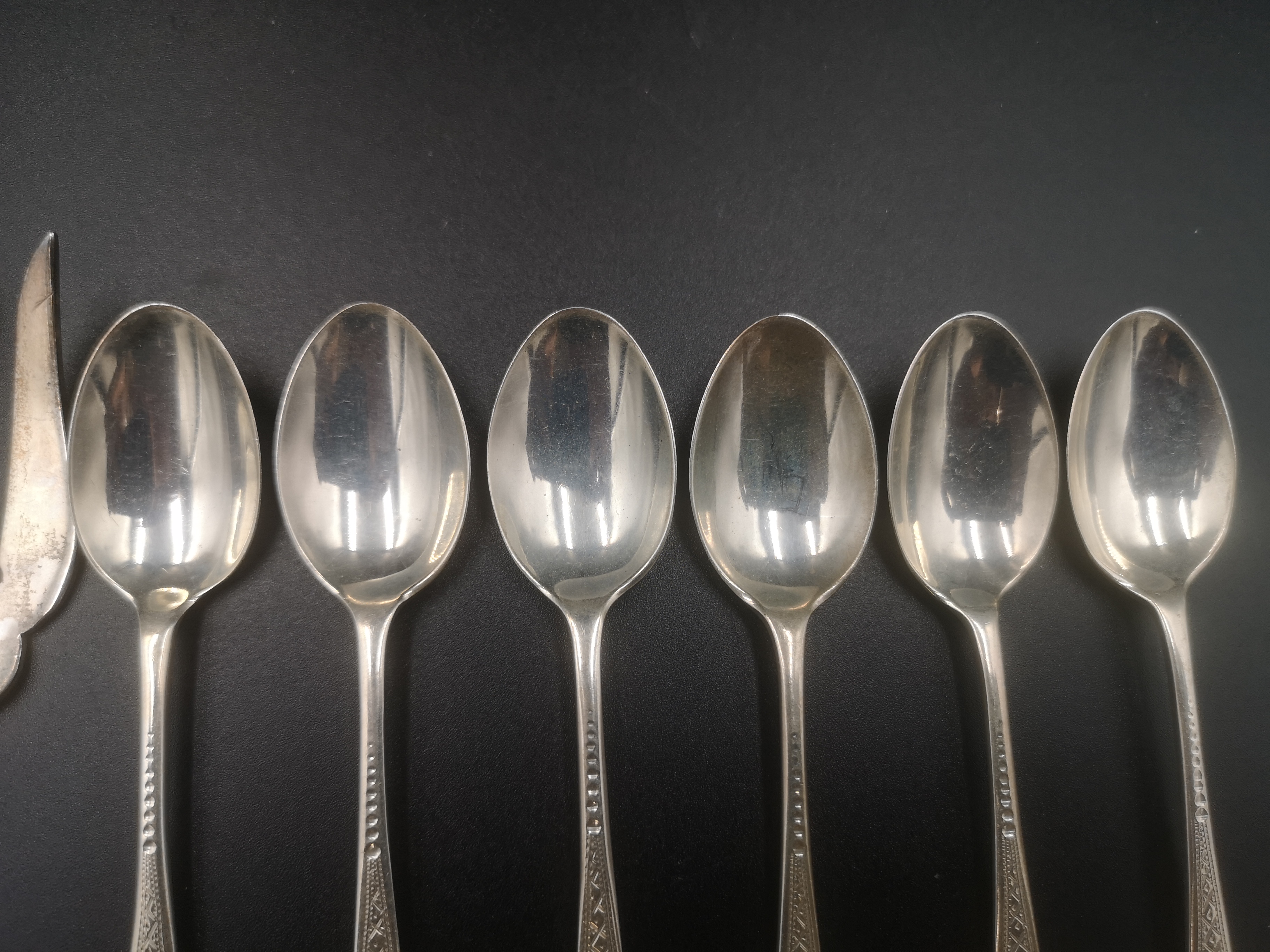 Set of six silver tea spoons, silver sugar tongs and fork - Image 3 of 5