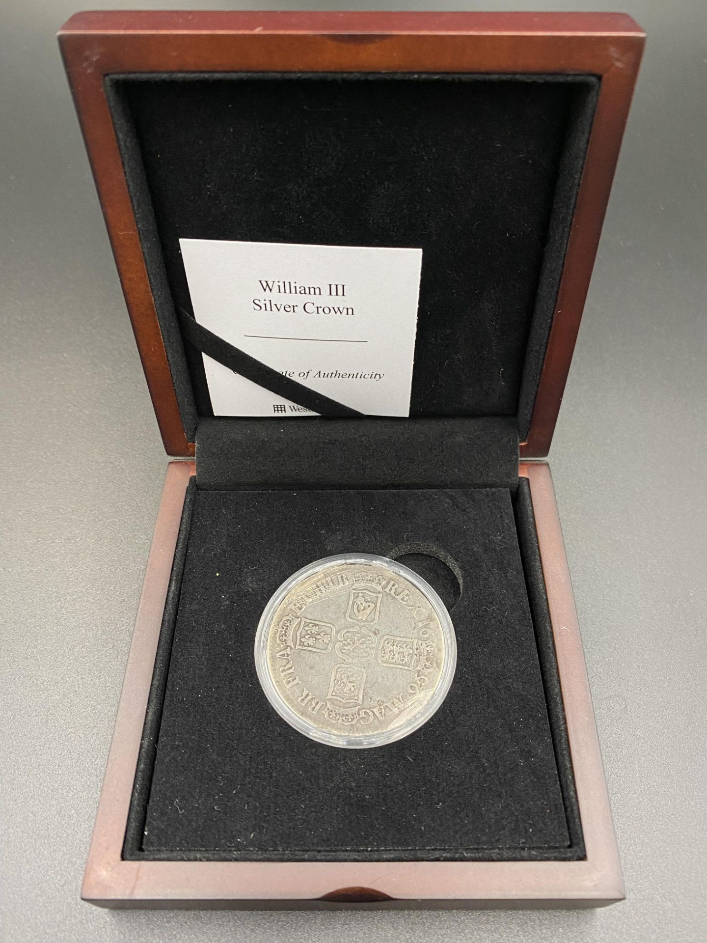 William III silver crown, 1696, boxed with Westminster certificate of authenticity