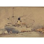 Framed and glazed watercolour of a ship in a dock, signed A Saville Davis