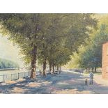 John Grove, framed oil on canvas of a city river embankment