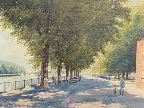 John Grove, framed oil on canvas of a city river embankment