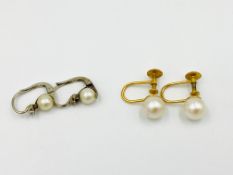 Pair of 9ct gold and pearl earrings; together a pair of white metal and pearl earrings.
