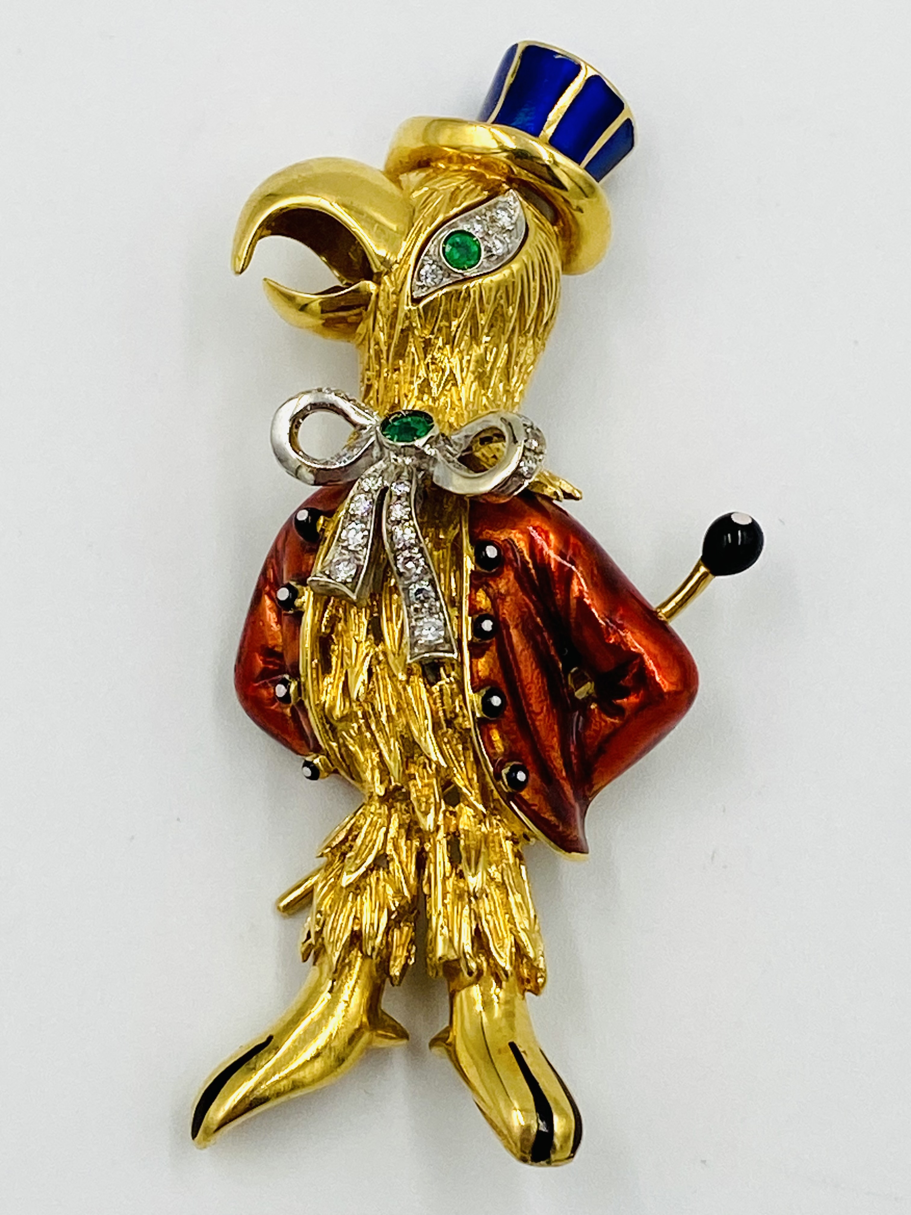 18ct gold, diamond, emerald and enamel bird brooch