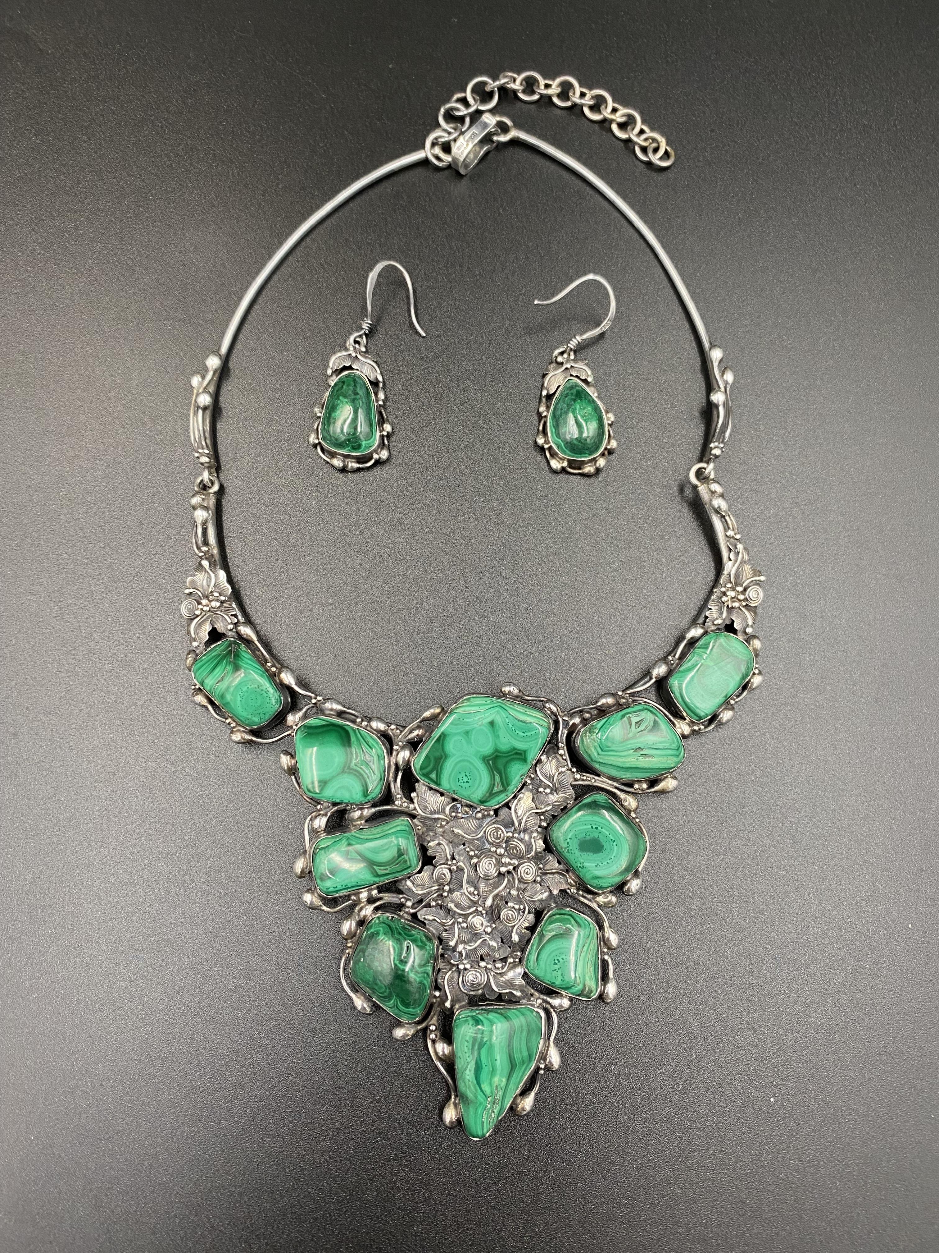 Silver and malachite necklace and earring set - Image 2 of 4