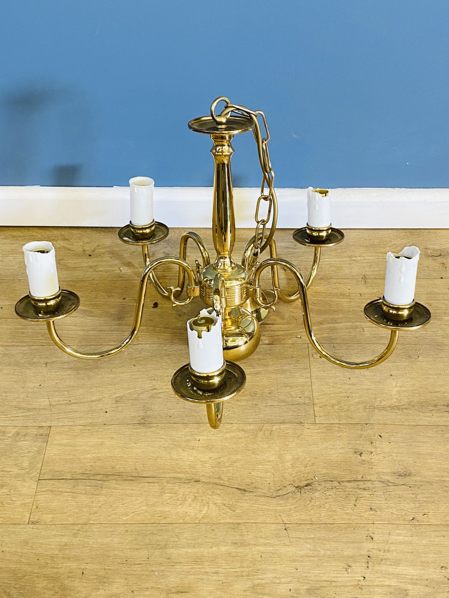 Brass five branch chandelier