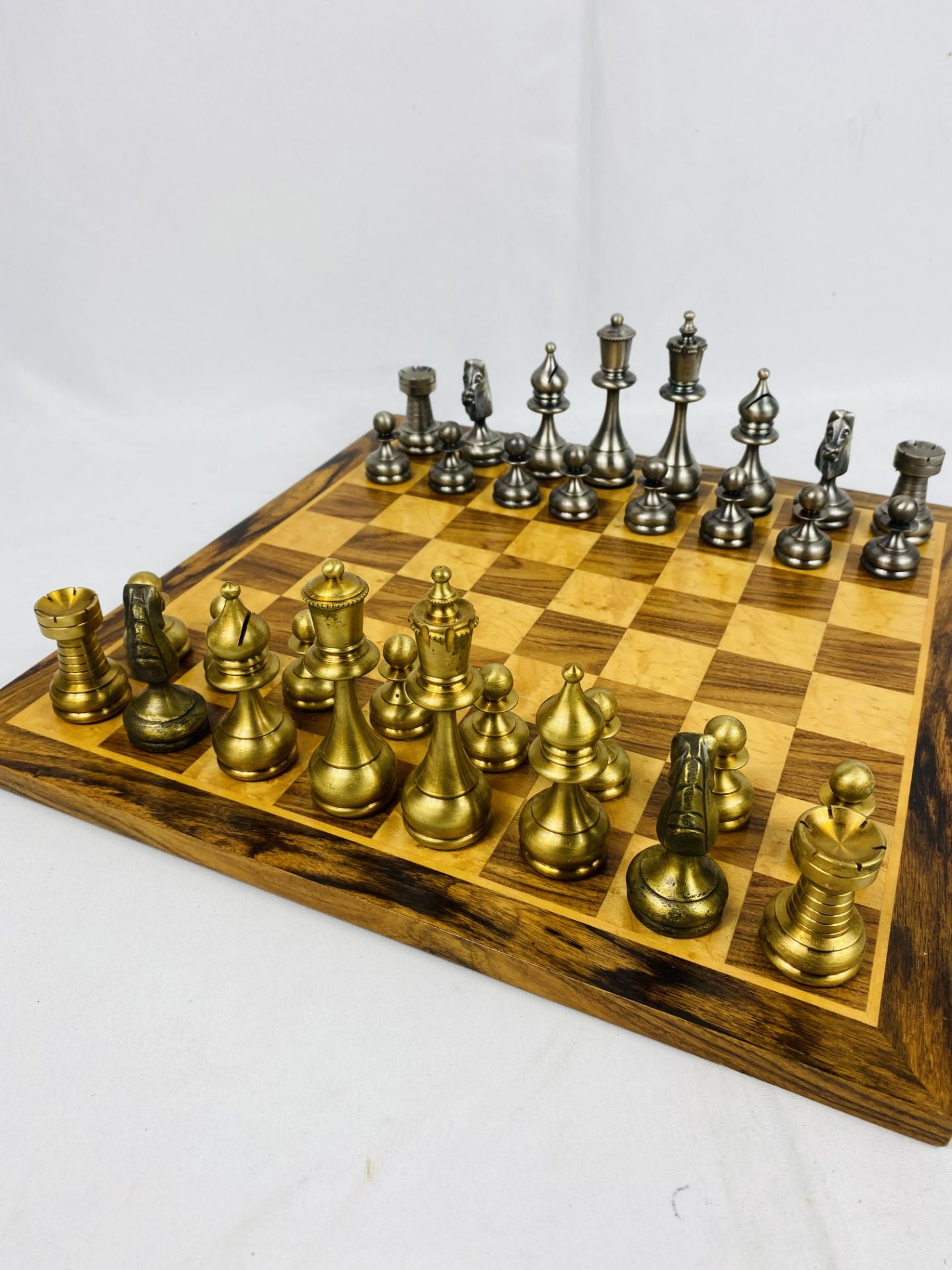 A metal chess set; a wood chess set, and wood chess board - Image 4 of 5